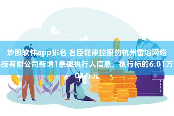 炒股软件app排名 名臣健康控股的杭州雷焰网络科技有限公司新增1条被执行人信息，执行标的6.01万元